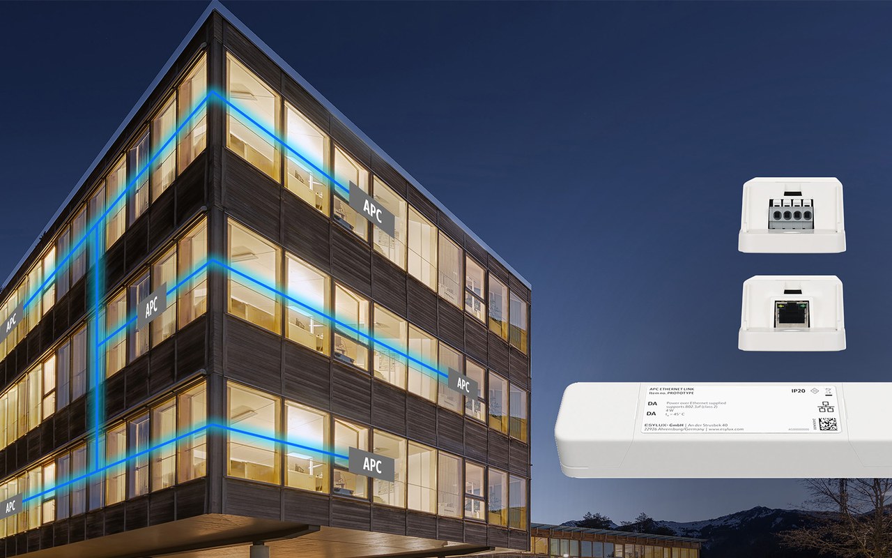 The APC Ethernet Link connects up to 16 ESYLUX DALI-2 Application Controllers (APCs) or DALI-2 control lines, enabling centralized, building-wide lighting control and cross-line communication. iStock / a4ndreas / ESYLUX.