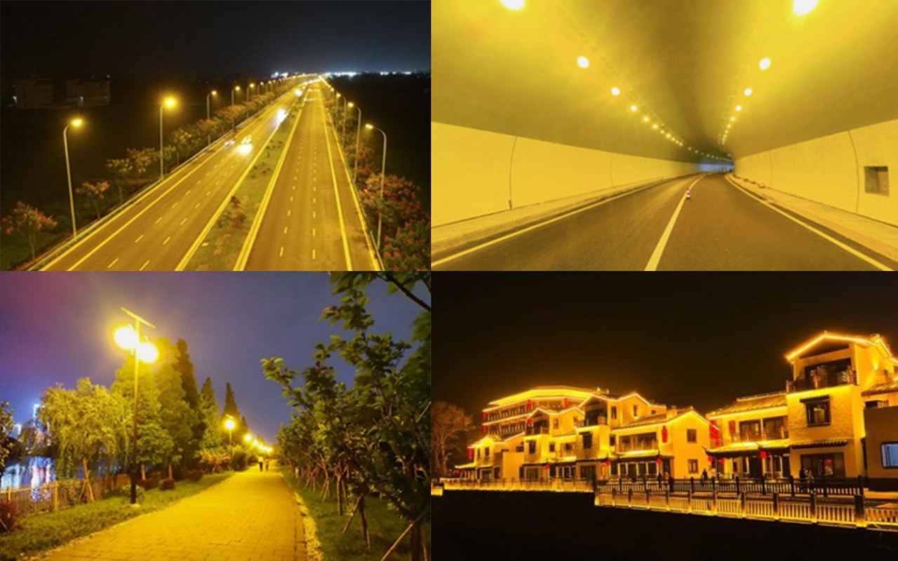 Street light application (top,lef); Tunnel light application (top, right); Park lighting (bottom, left); Architectural lighting (bottom, right).