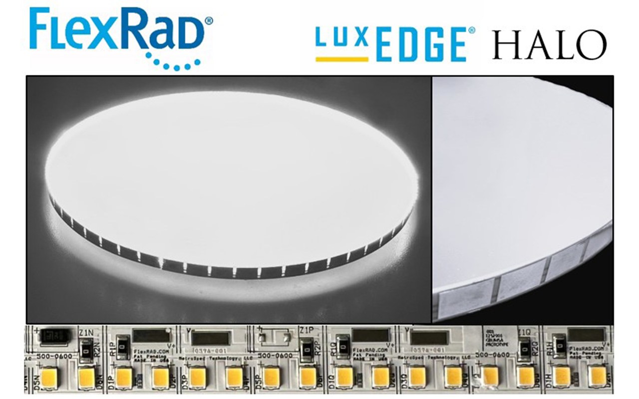 LuxEdge Halo demonstrated with OPTIX® Edge Lit acrylic from PLASKOLITE and Lexalite® Edge Lit acrylic from A.L.P.