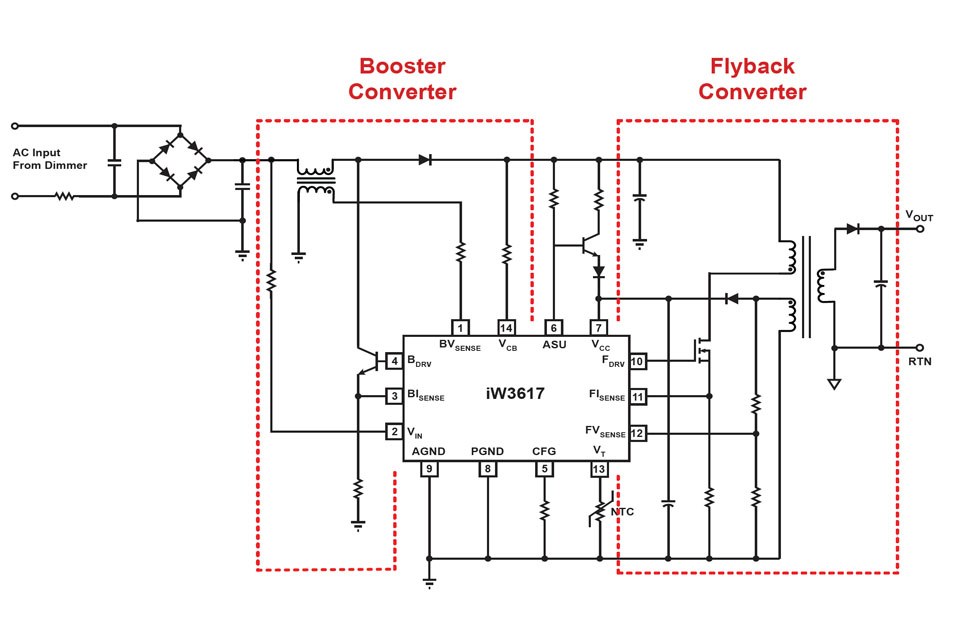 Simplifyed schematic for a LED lighting solution with the iWatt iW3617IC