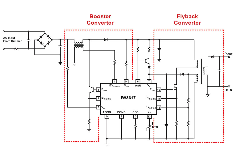 Simplifyed schematic for a LED lighting solution with the iWatt iW3617IC