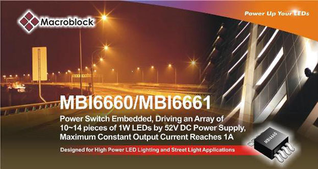 Macroblock's MBI6660 and MBI6661 ICs are especially suitable for LED street light, wall washer and tunnel light applications