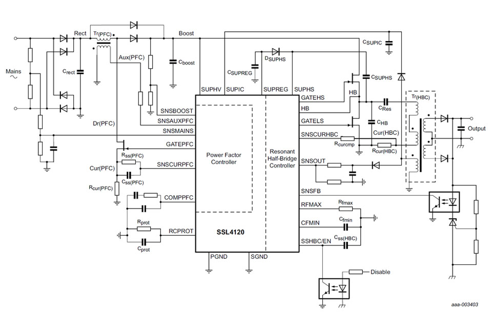 Application schematic of NXP's SSL4120T that serves LED power supply solutions from 10 to 400W