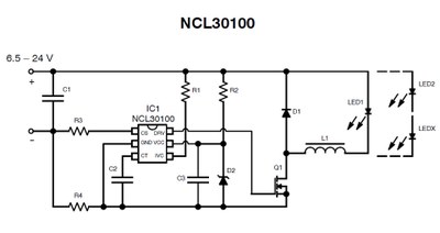ON Semiconductor NCL30100: Typical application example of the LED converter