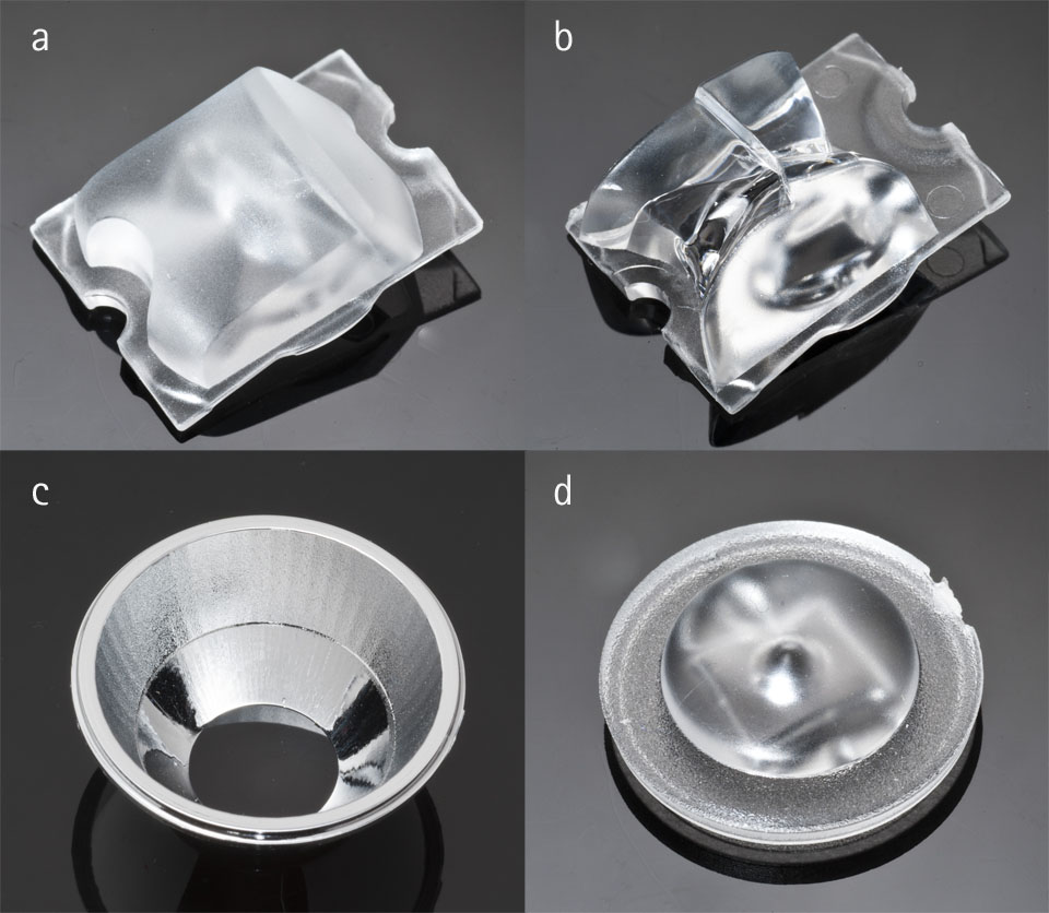 LEDiL recently expanden its line of LED optics with (a) the STRADA-FT, (b) the STRADA-FW, (c) the MINNIE-M reflector and (d) the JULIA-A lens series