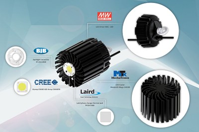 Example of a high bay sub assembly with the Mean Well HBG-100 LED driver, ModuLED Mega 134100 LED cooler, Laird TPCM phase change thermal pad, Cree CXA3070 COB module and BJB Zhaga LED holder