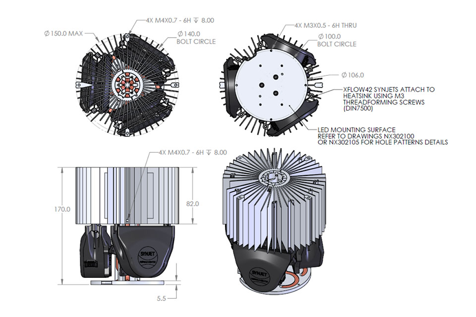 The new Nuventix industrial SynJet LED Cooler R150-170 can be equipped with up to three SynJets for maximum performance to handle a thermal wattage of up to 154W