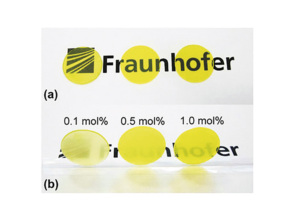 Figure 4: Photograph of translucent YAG:Ce ceramics with 0.5 mm thickness and different content of Ce doping; (a) laying and (b) standing on the background [16]