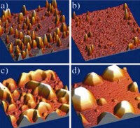 Figure 3: AFM data illustrating the NI density for a) sample A and b) sample B. The overgrowth of sparse NIs can result in formation of new islands (c). Using increased reactor pressure the formation of new islands during HT overgrowth can be suppressed (d). All the scans are 10 μm × 10 μm.