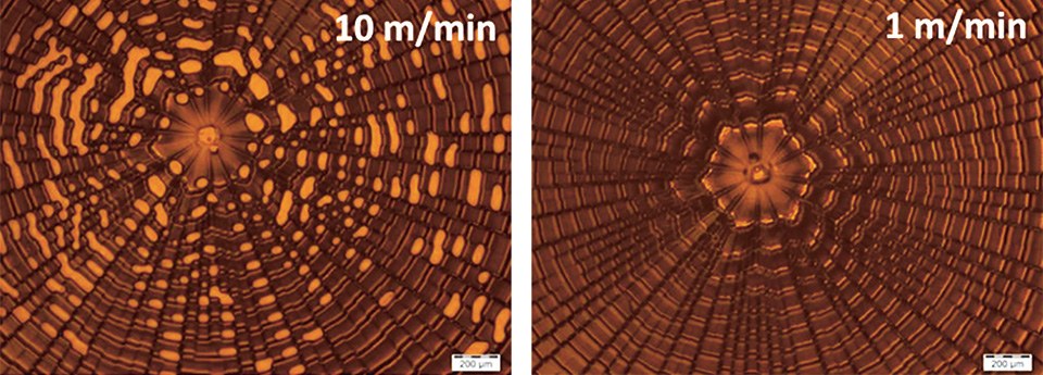 Figures 10: Free-form micro-optical elements fabricated by R2R-UV-NIL at different speeds(left: 10 m/min| right: 1 m/min)