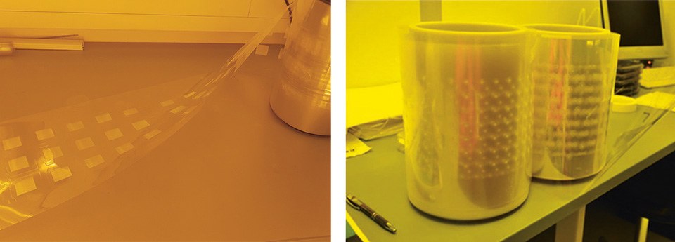 Figures 11: Final rolls with (left) light coupling structures and (right) free-form micro optical elements fabricated by R2R-UV-NIL