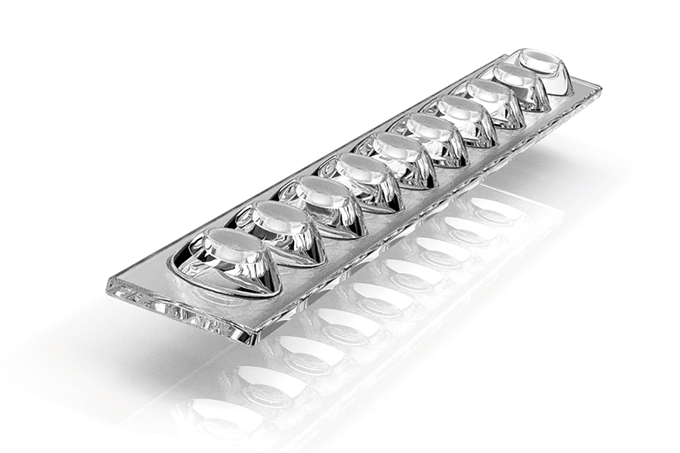 Figure 4: UV glass optic optimized for a linear array of 10 UV LEDs