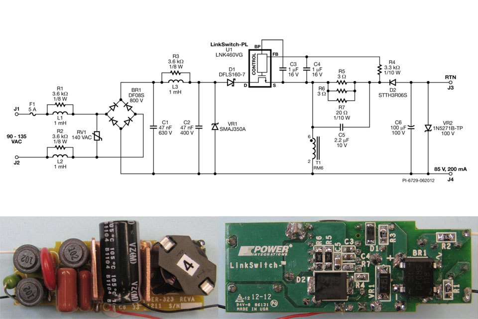 Schematic and populated circuit board for Power Integrations' reference design for 100W A19 replacement bulbs