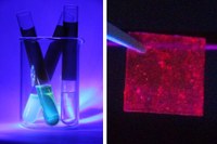 Left: Novel cadmium selenide (CdSe) quantum dots with ligand enhancement chemistry. The vials on the left contain quantum dots; the vial on the right contains solvent without quantum dots Right: Quantum dots with conjugated polymer and ligand enhancement chemistry (Images: Delaina Amos)