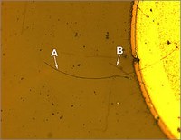 Micrograph of a complete nanowire LED. The long nanowire (A) is about 110 micrometers long, a shorter nanowire (B) crosses it. The circular section is the metal post from which the nanowires are aligned.