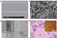 Microstructures of alternative TCE materials: e, Scanning electron microscopy image of a Cu grid with a line width of 200 nm (ref. 41). f, Scanning electron microscopy image of an Ag nanowire network (mass density 93 mg m−2)77. g, Transmission electron microscopy cross-sections of graphene layer stacks (bilayer, triple and multiple layers). h, Optical microscope picture of CVD-grown graphene, transferred to a 300-nm-thick SiO2 layer85. Note the graphene grain sizes of around 10 μm and the ripples (inset) in the graphene layers