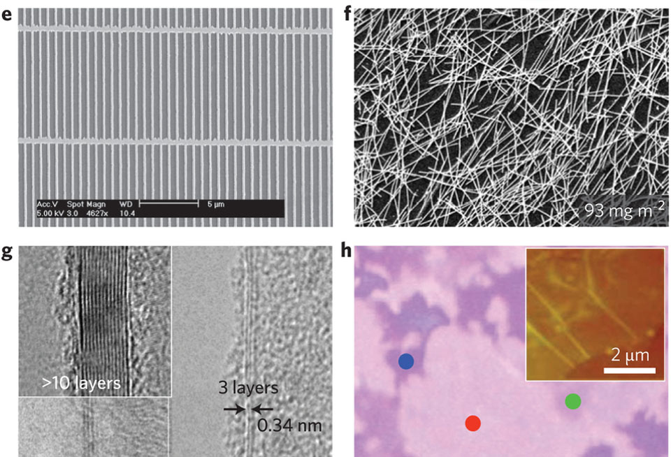 Microstructures of alternative TCE materials: e, Scanning electron microscopy image of a Cu grid with a line width of 200 nm (ref. 41). f, Scanning electron microscopy image of an Ag nanowire network (mass density 93 mg m−2)77. g, Transmission electron microscopy cross-sections of graphene layer stacks (bilayer, triple and multiple layers). h, Optical microscope picture of CVD-grown graphene, transferred to a 300-nm-thick SiO2 layer85. Note the graphene grain sizes of around 10 μm and the ripples (inset) in the graphene layers