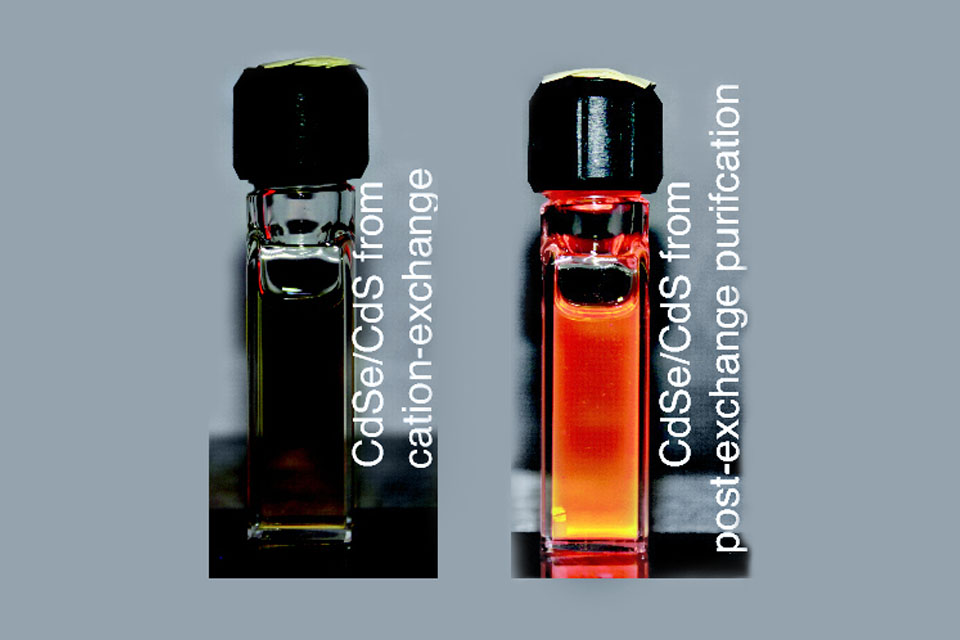 Luminescence of CdSe/CuS nanocrystals prepared by cation-exchange. On the left are crystals prior to purification, on the right are the same nanocrystals after impurities have been removed (courtesy of Lawrence Berkeley National Laboratory)