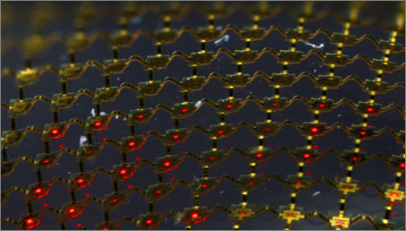 Stretchable micro-LED display, consisting of an interconnected mesh of printed micro LEDs bonded to a rubber substrate. (Photo by D. Stevenson and C. Conway, Beckman Institute, University of Illinois).